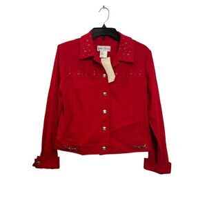 Nancy Bolen Red Jacket Women Size 10 Studded Button-Front Chain Detail Long Slee